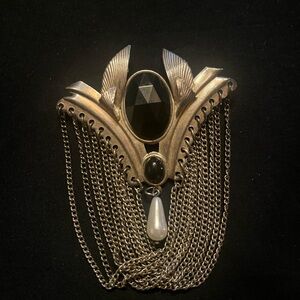 Vintage Egyptian Revival Art Deco Brooch Gold Tone Black Stones Dangling Chains